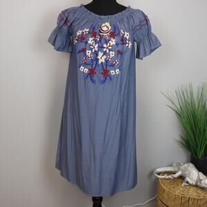Tea N Rose Embroidered Boho Tunic Dress Blue NWT Size S